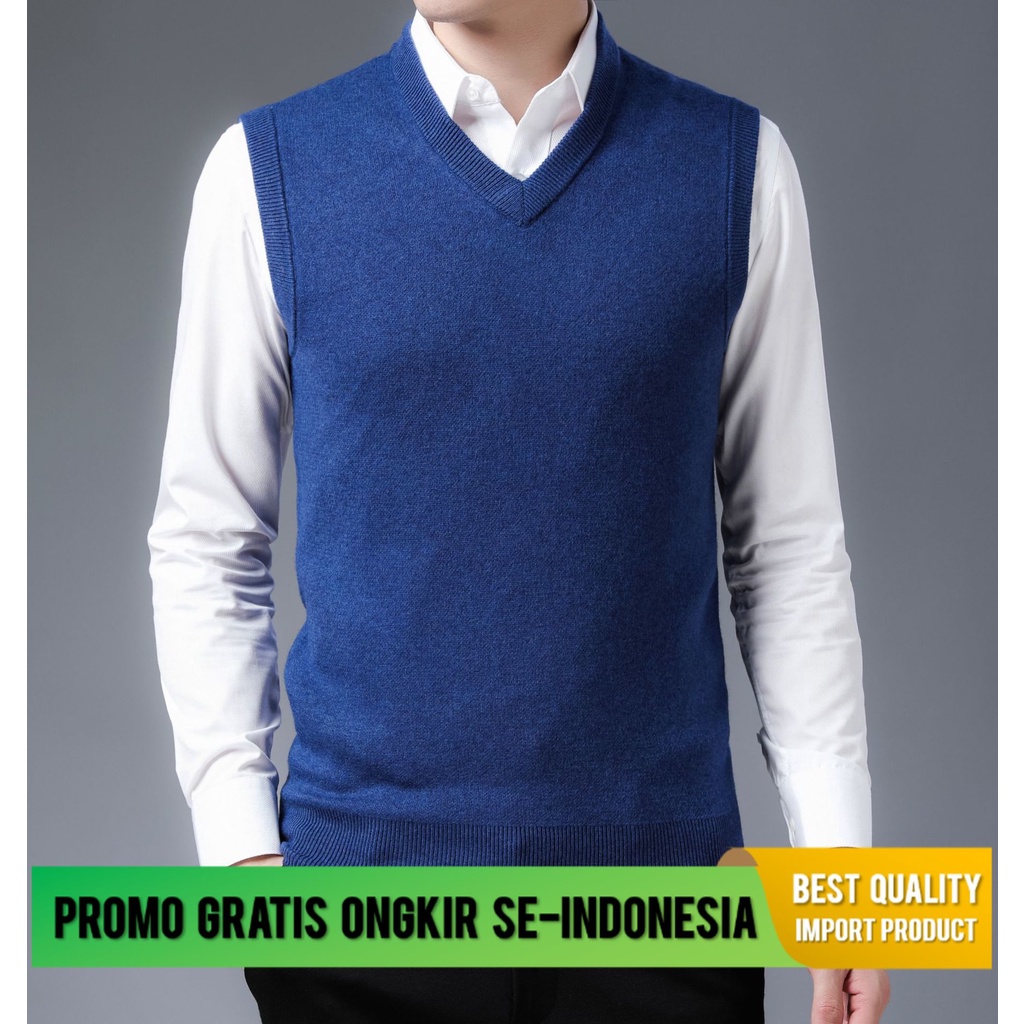 Sweater Pria Rompi Rajut Wol Murni Rompi V-Leher Pullover Tebal Tetap Hangat Murni Warna  Tanpa Leng