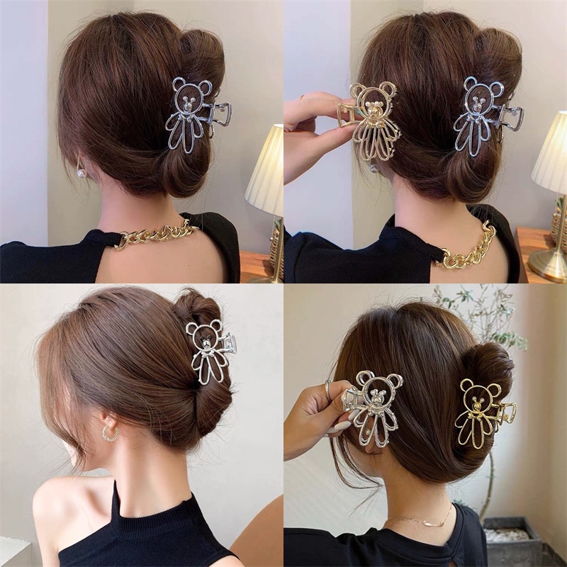 Klip Mencengkeram Beruang Logam Berongga Besar Yang Dipersonalisasi Jepit Rambut Mutiara Gaya Korea Fashion Wanita Mewah Ringan Aksesoris Rambut Wanita