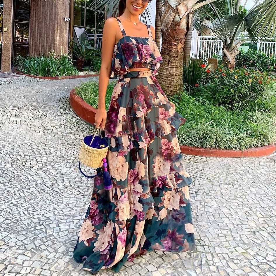 GROSIR Boho New Sexy Women Chiffon Two Piece Set Crop Top Long Skirt Floral Printed Bandeau