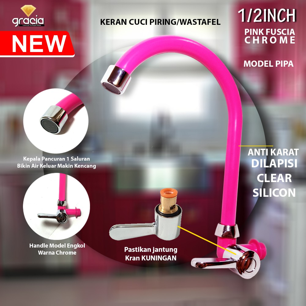 Kran Angsa Cuci Piring / Kran Wastafel / Kran Sink Color Pink Fuscia 1/2inch GRACIA