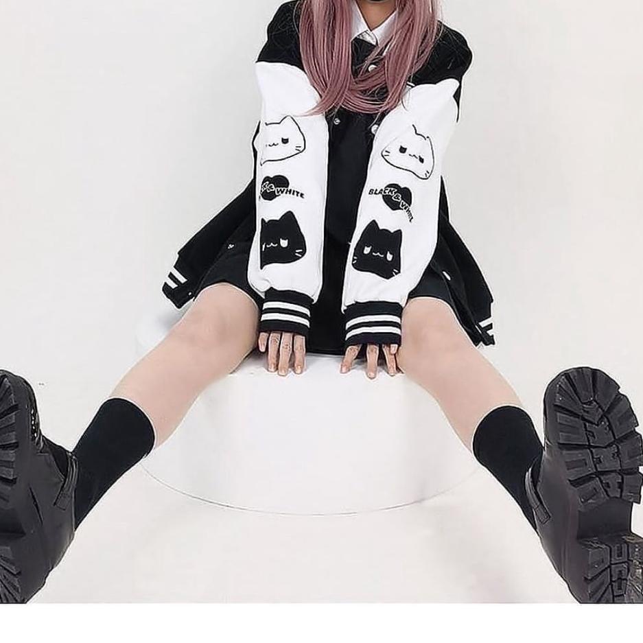 PYH.689347 ▪ BLACK WHITE BASEBALL JAKET VARSITY WANITA | VARSITY JAKET KOREAN STYLE | BASEBALL JAKET