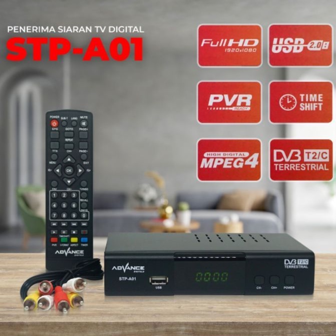 RECEIVER TV SET TOP BOX ADVANCE DVB T2 STP A01 DIGITAL ORIGINAL GARANSI ANTENA UHF