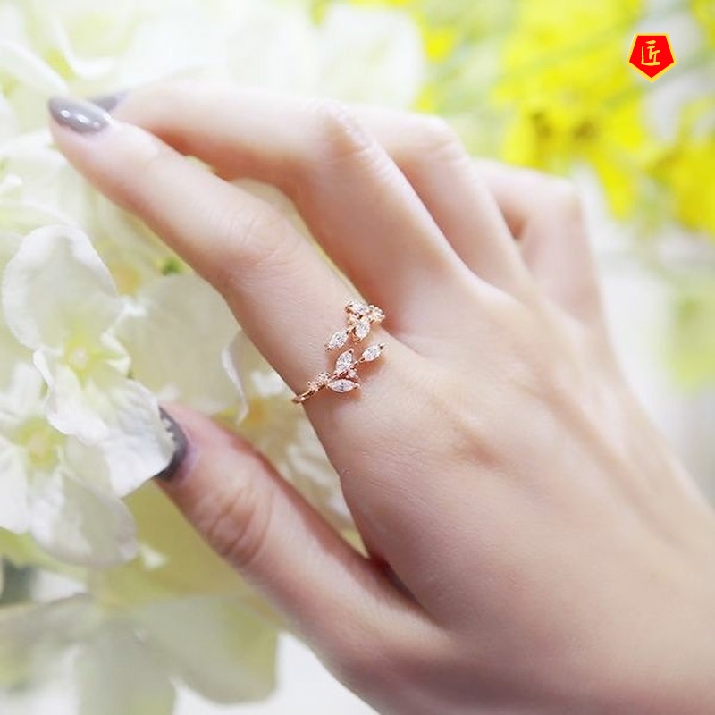 [Ready Stock]18K Gold Diamond Leaf Ring Temperamental Simple Personalized