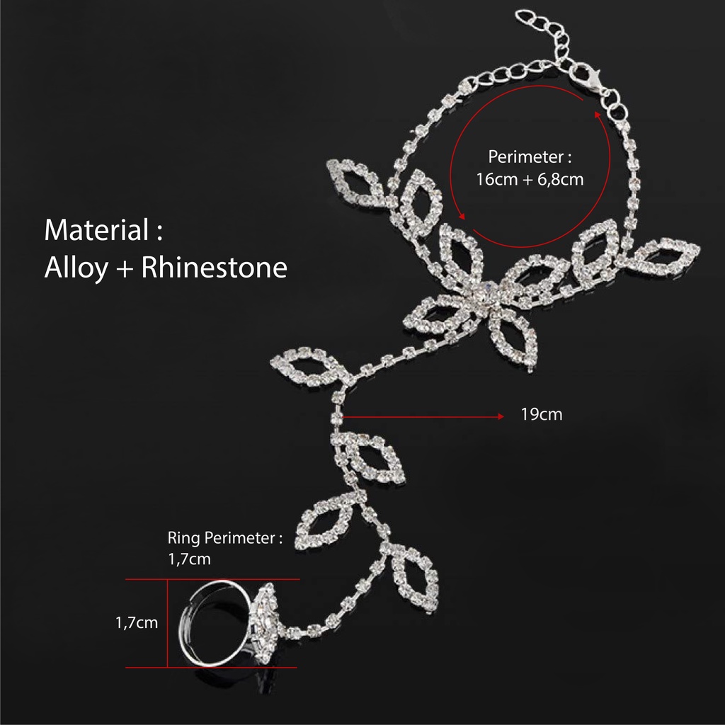 Gelang sambung cincin daun mata diamond aksesoris dewasa remaja perempuan esthetic kelihatan elegan mewah rhinestone stone fashion silver putih emas gold