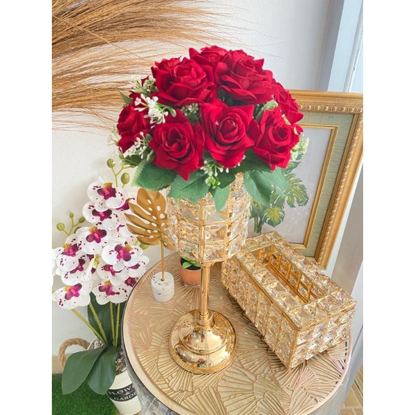Mawar Bludru vas kristal  Gold/ bunga vas kristal