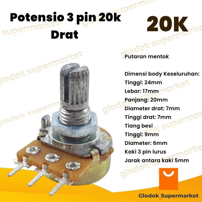 Potensio 3 pin 20k Drat Mono Kaki 3 Lurus Potentio Meter 203