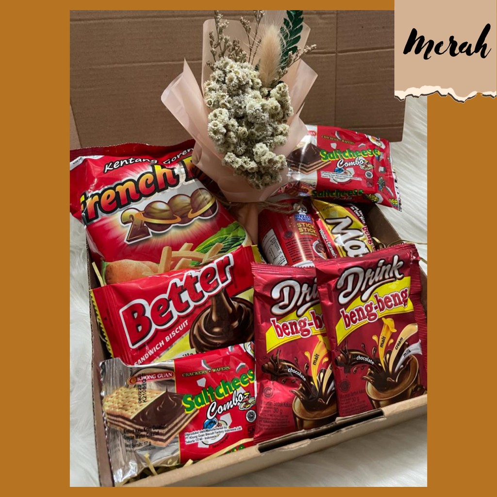 

Snack Box Merah/Gift Box Murah Paket Makanan Ringan Merah/Anniversary/Birthday/Wisuda