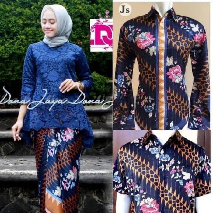 Stelan Couple Kebaya Rinjani Navy Brukat Aneka Pilihan - Biru