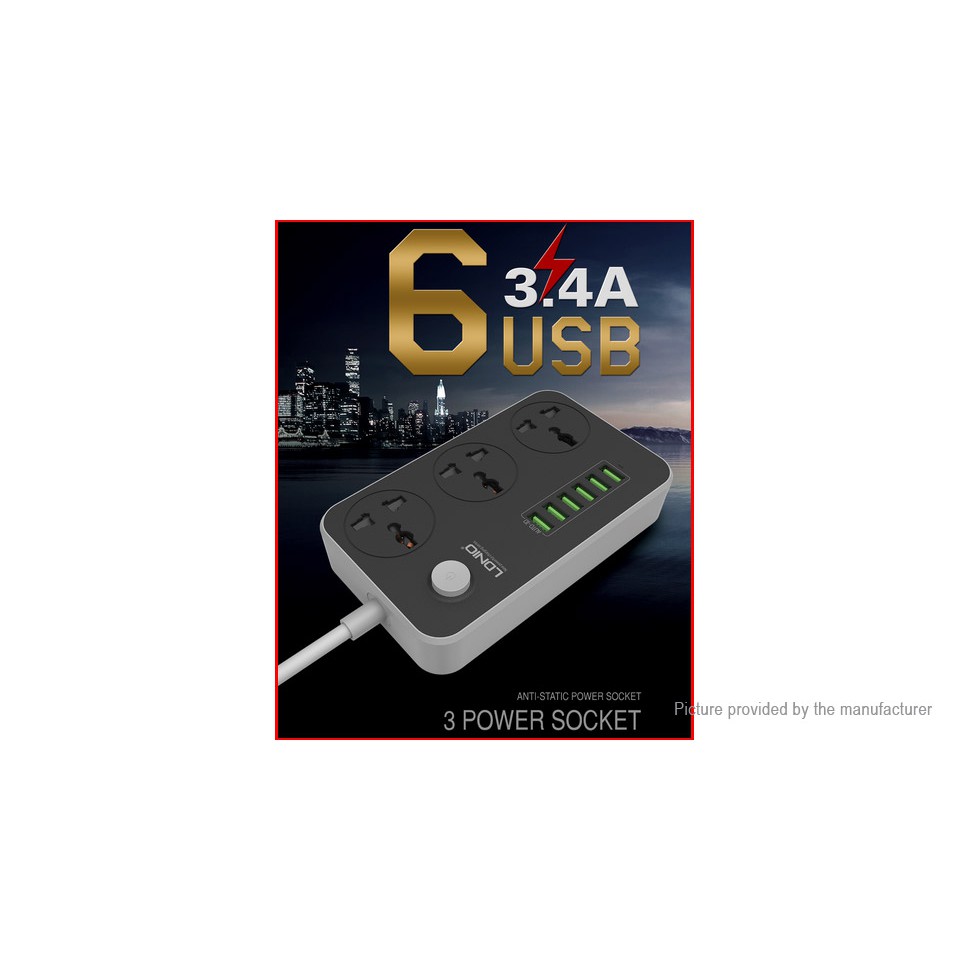 AKN88 - LDNIO SC3604 5V 3.4A 3 International Power Socket 6 USB Port 6.56ft 2m EU Plug Charging