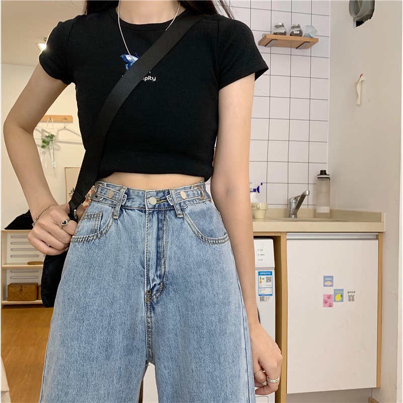 Celana jeans wanita loose high waist straight denim pants