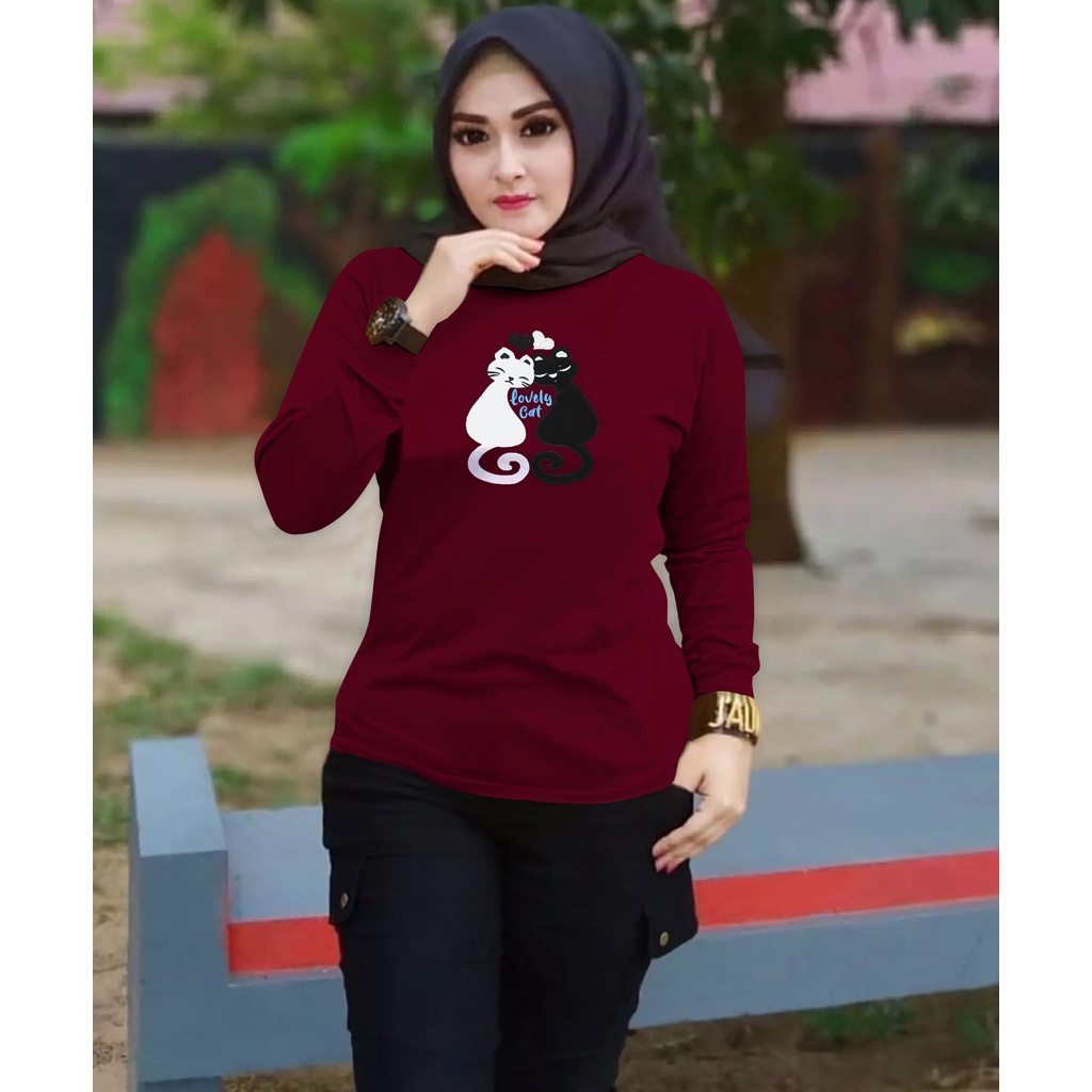 CENOA Kaos Wanita Lengan Panjang  / Kaos Sweatshirt / Atasan Wanita / Atasan Wanita Lengan Panjang-MARON KUCING