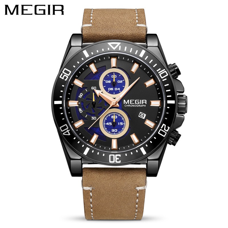 MEGIR 2132 Jam Tangan Pria Analog Chronograph Tali Kulit Luminous WATCHKITE WKOS