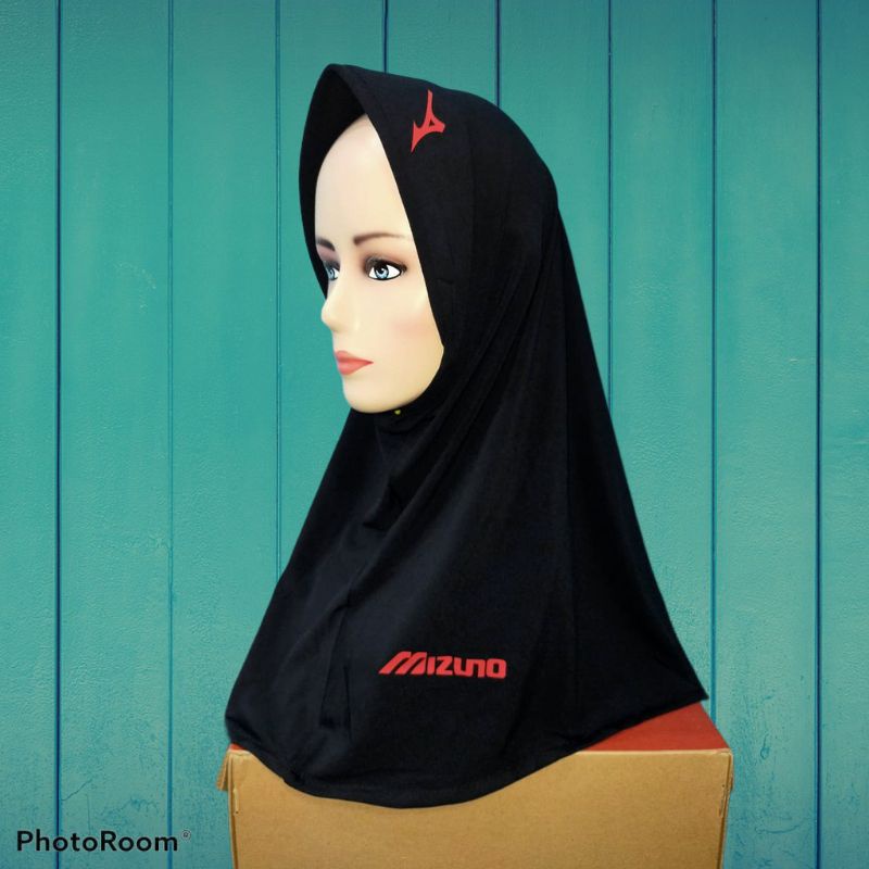 Hijab Sport Hijab Instan Sport Kerudung Olahraga Volly, Bersepedah, Joging Berlogo MIZUNO-Hitam lis merah