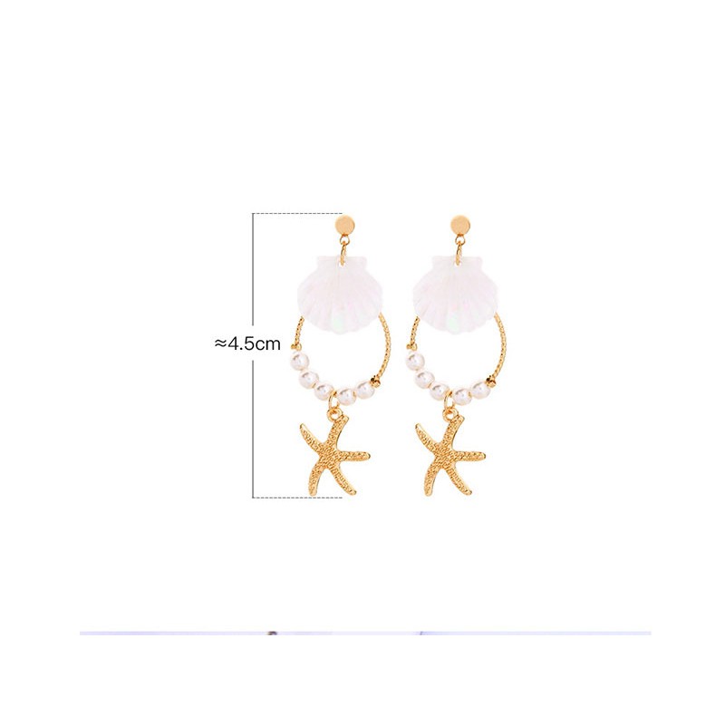 LRC Anting Tusuk Fashion Gold Starfish 925 Sterling Silver Shell Pearl Earrings D17379