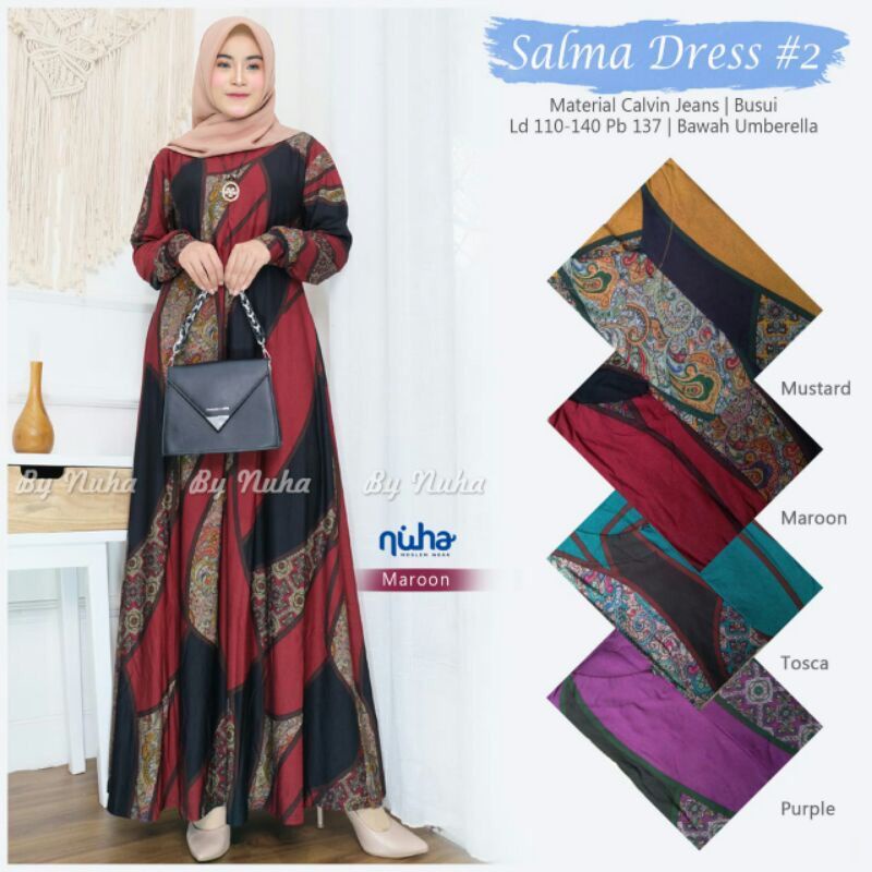 Salma Dress - Gamis Calvin Jeans Terbaru LD110 Busui Jumbo / R.19 - 033-5966-Maroon