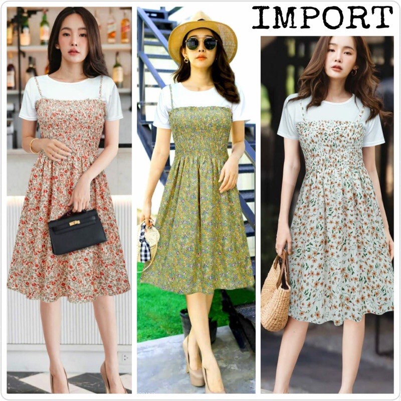 GDG Fashion Pakaian Perempuan Set Terusan Dress Smoke Kerut Dada Import Wanita with Inner A8839