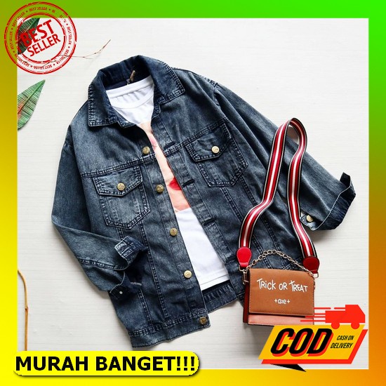 Jaket Jeans Wanita 3D Pita Belakang Crop Top Lengan Panjang Full Kancing Depan Ootd Viral Remaja Dew