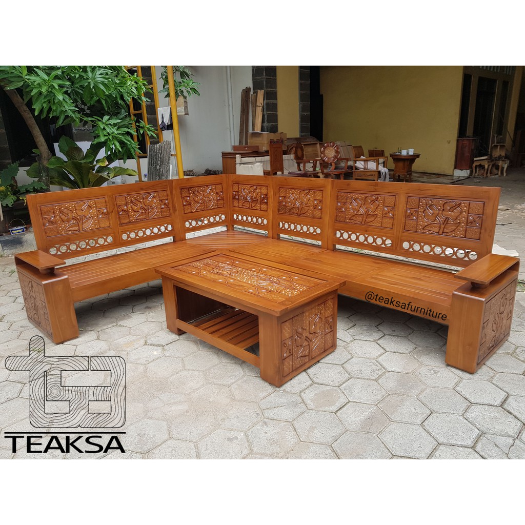 Kursi Tamu L Sudut Jati Ukir kotak Minimalis 221