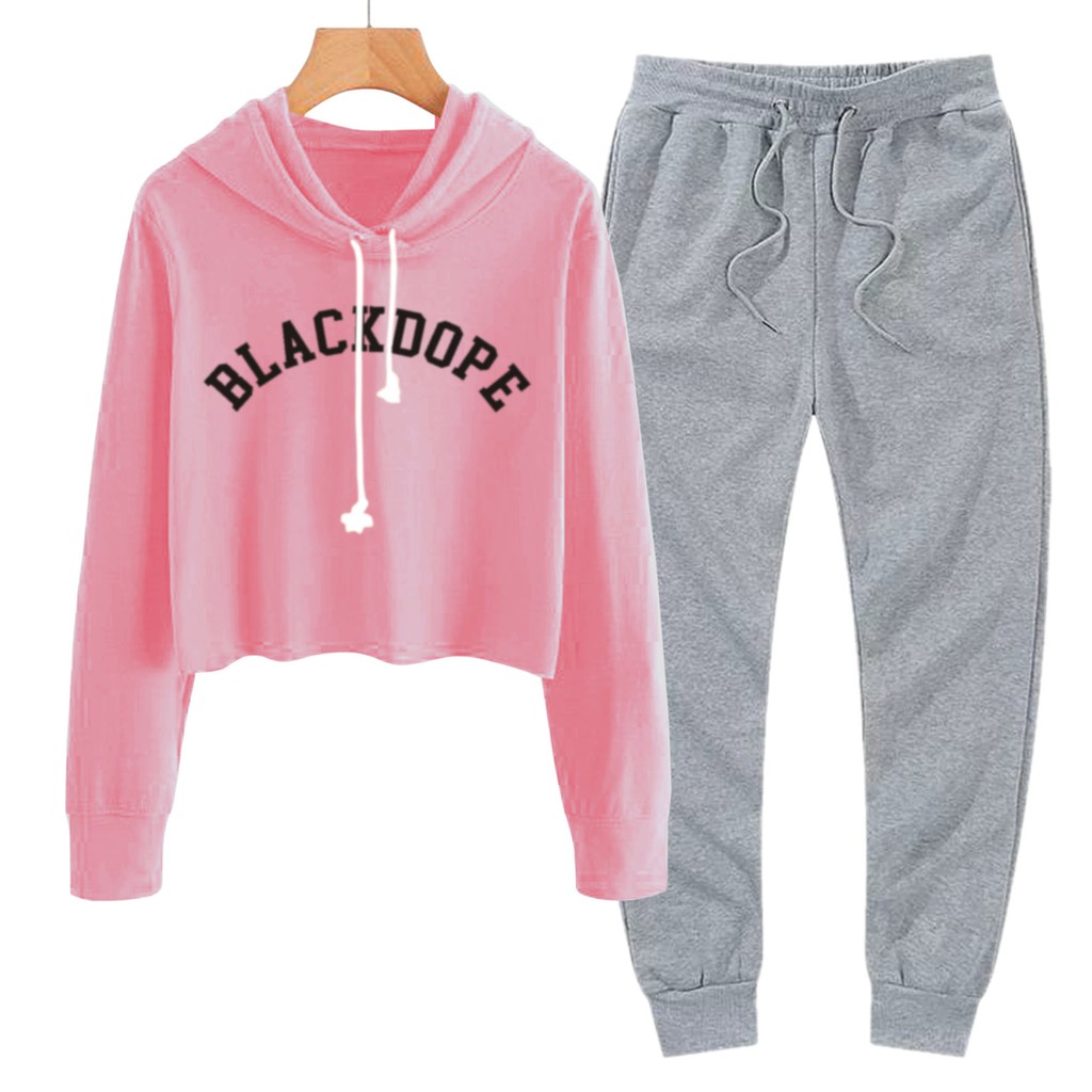 BESS - Baju Setelan Wanita Murah / Setelan Hoodie Crop + Jogger Abu - BLACKDOPE