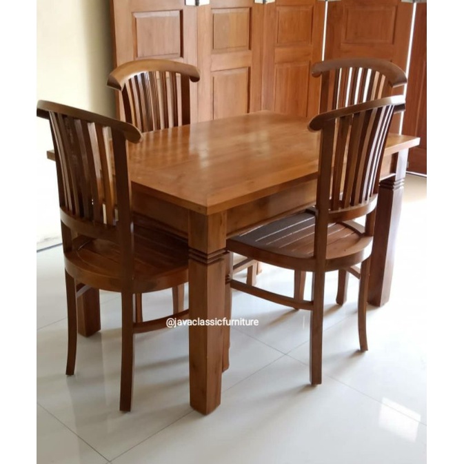 KURSI MEJA MAKAN BANTENG MINIMALIS MURAH 1 SET+KACA BIASA UNTUK CAFE RESTORAN RUMAH MAKAN BAHAN KAYU JATI SEMI FINISHING NATURAL VINTAGE PRODUKSI JEPARA-2