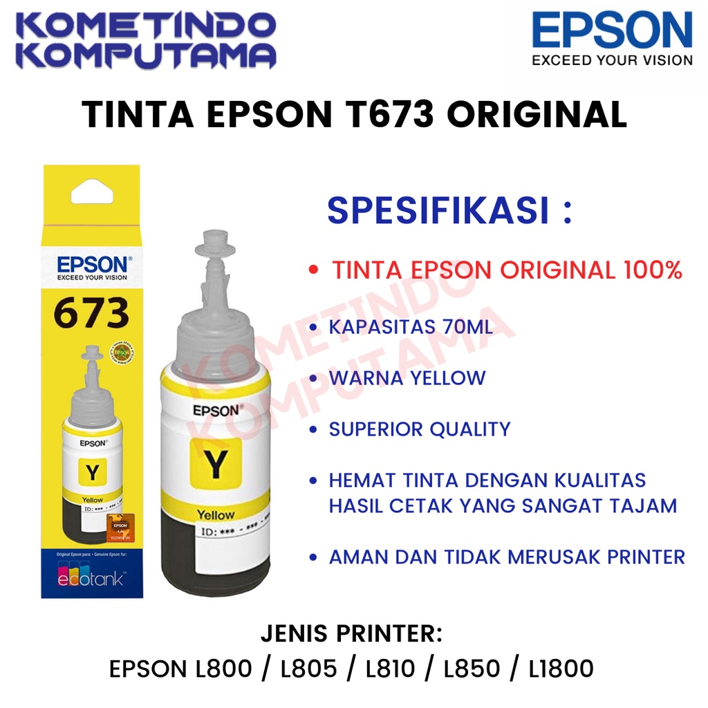 T 673 YELLOW 70ml Tinta Epson Original Untuk Epson L800, L805, L850, L1800 T673 ORIGINAL 100% 673