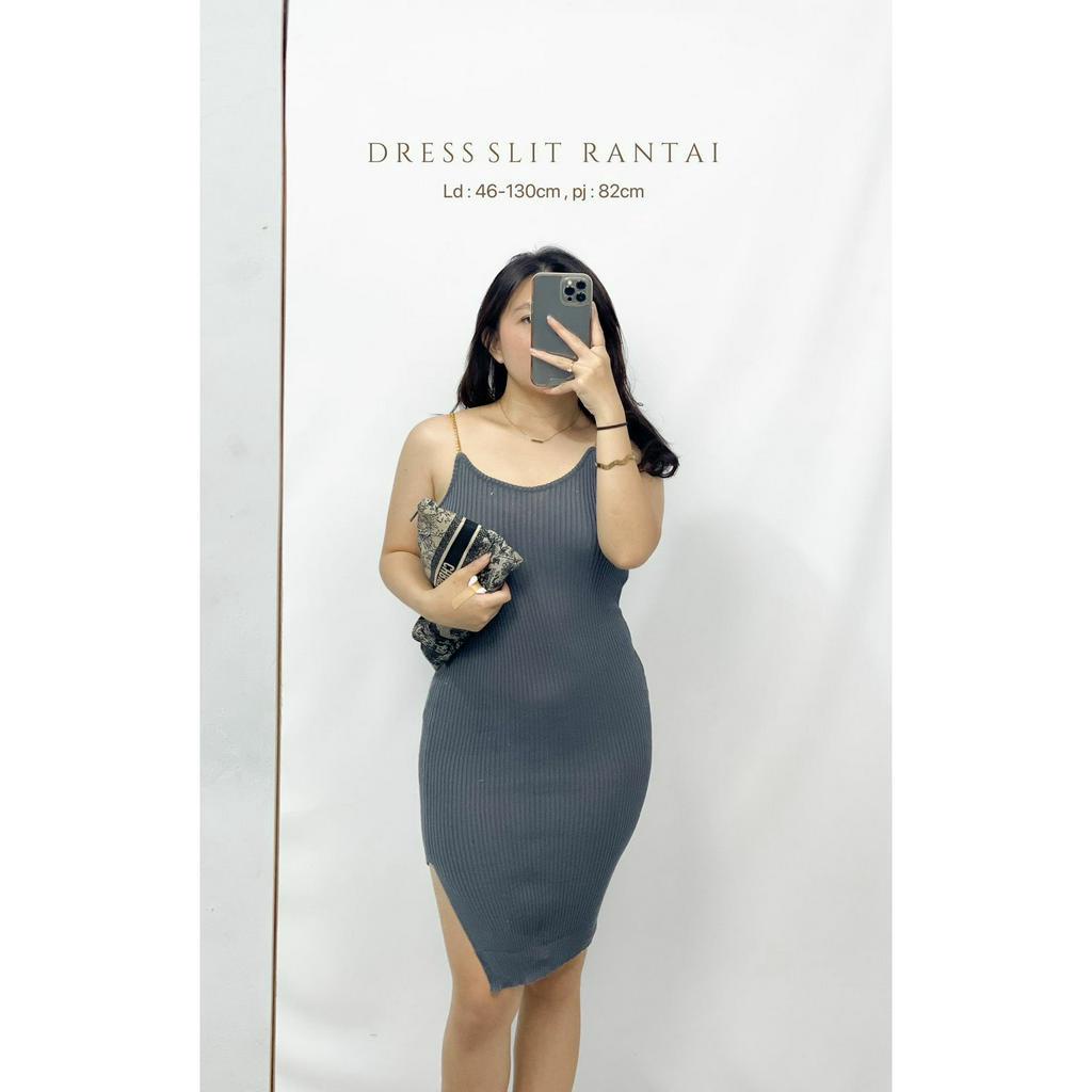 HOPYLOVY Mini Dress Wanita Bahan Rajut Bodycon Slit Rantai Rajut Tamira