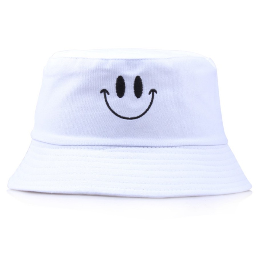 BHSS bucket hat import smile simple bordir topi summer fisherman korea - Hitam