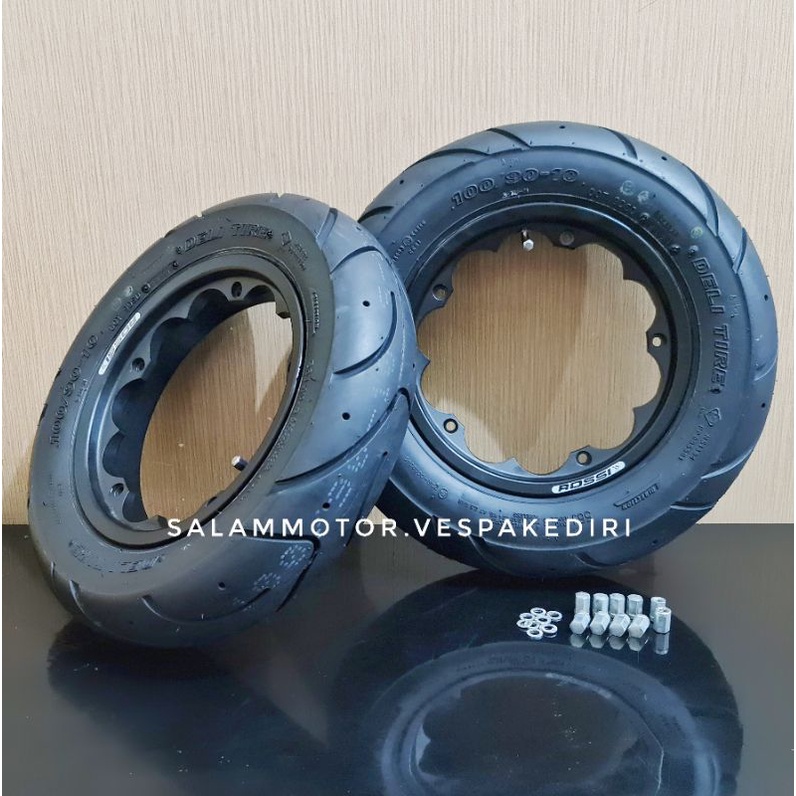 paket ban dan velg tubeless Vespa Ring 10 VRX Vrossi dan Ban delitire S224 sepasang depan belakang