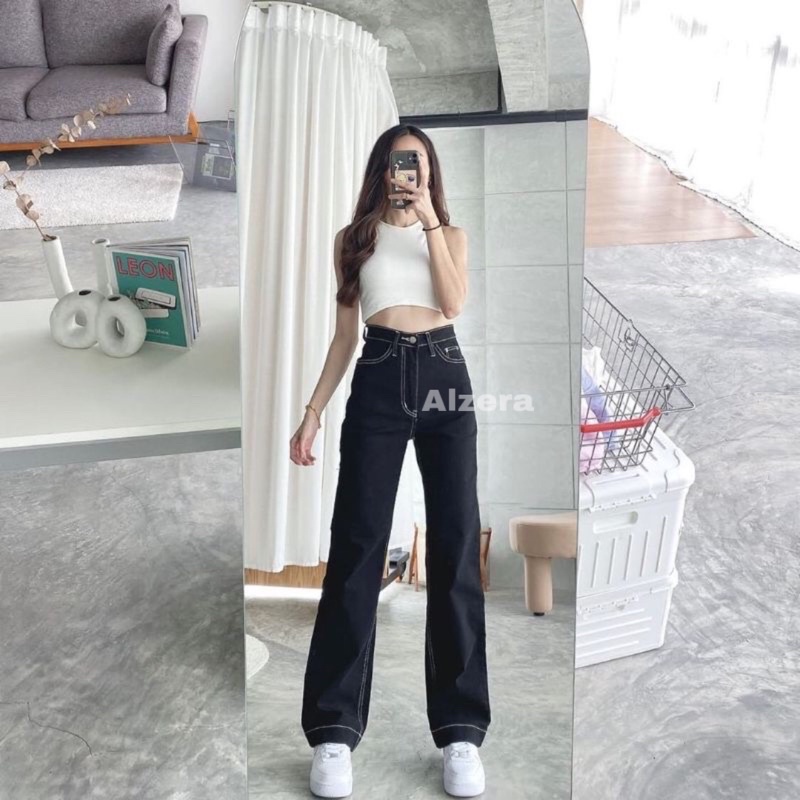 ALZERA•HITAM LIST PUTIH LOOSE KULOT JEANS / BLACK LIST WHITE HW LOOSE KULOT JEANS / CELANA HIGHWAIST LOOSE JEANS WANITA CEWEK