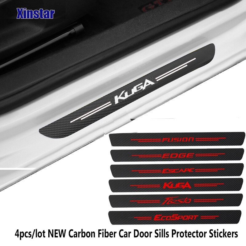 4pcs Stiker Label Pelindung Pintu Mobil Ford Fiesta Fusion Mondeo Escape Ecosport Kuga Bahan Serat Karbon