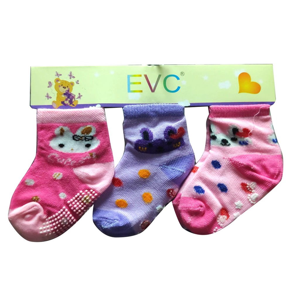 Kaos Kaki Bayi EVC 3pcs dengan Karet Anti Selip Baby Newborn