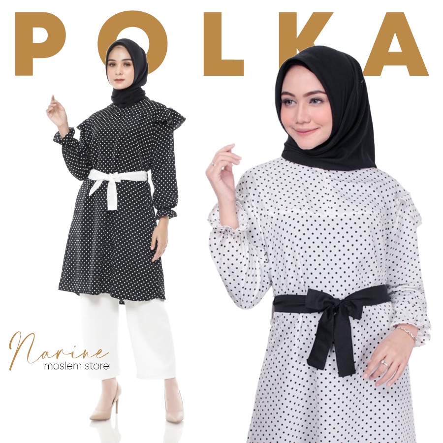 Tunik Baju Atasan Wanita Muslim Hijab Polkadot Kekinian Korean Style BahaMonalisa Lengan Panjang War