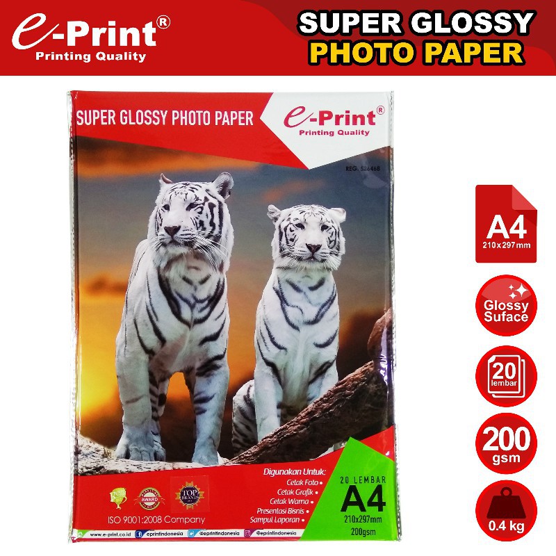 

KERTAS SUPER GLOSSY / PHOTO PAPER EPRINT A4 200 GSM ALUMINIUM / KERTAS GLOSSY (20 LEMBAR)