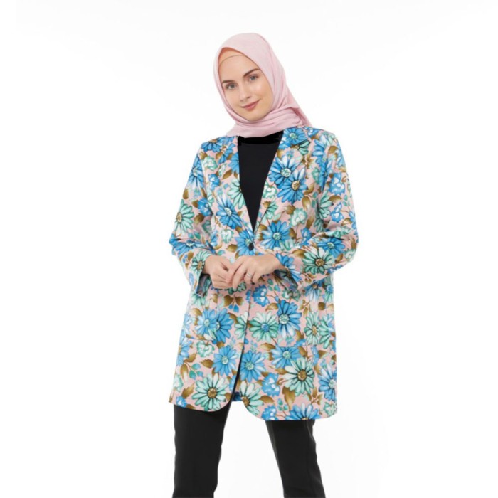 Atasan Wanita Chic Flower Blazer Pink  Long Outer Outerwear Casual