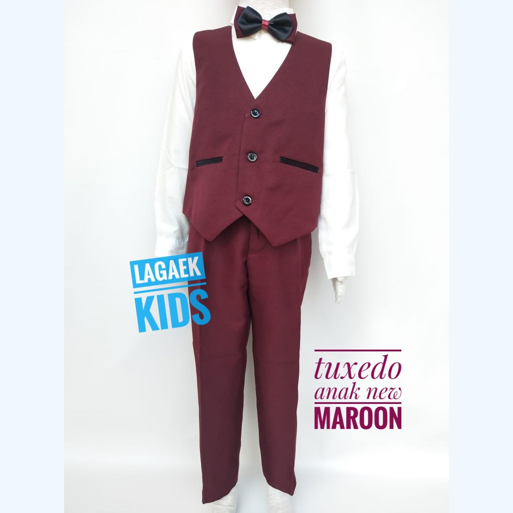 Jas Anak Tuxedo Anak Tahun 4 - 10 - Setelan Tuxedo Anak Setelan Jas Anak Laki Premium MERAH MARUN Usia 4 -10 Tahun 8in1 - Setelan Tuxedo Maroon Dasi Kupu