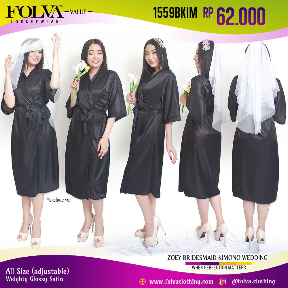 FOLVA kimono baju tidur sleeping robe satin 1559BKIM hitam all size