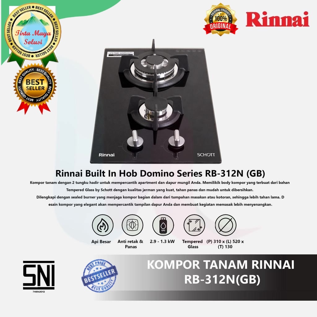 Kompor Tanam Rinnai RB-312 N(GB) /Rinai RB 312NGB / 2 tungku  Gas