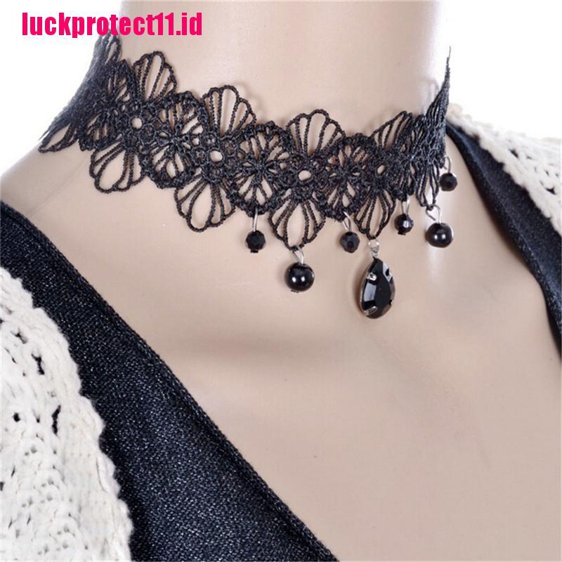 (LUCK) Kalung Choker Lace Hitam Aksen Bunga Gaya Gothic Retro Untuk Wanita
