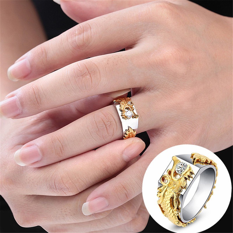 Cincin Motif Naga Warna Gold untuk Pria/Men's Sliver Domineering Dragon Rings