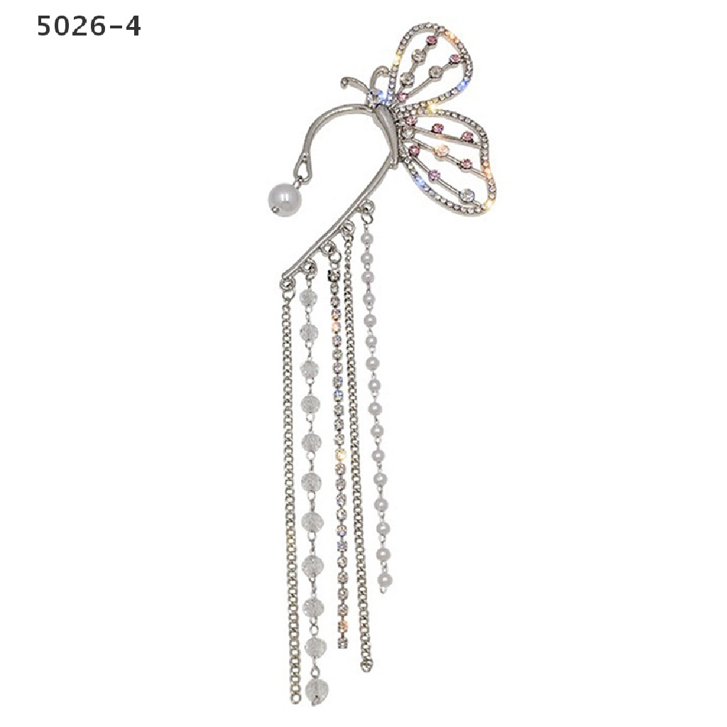 5026-4 Crystal Butterfly Clip On Earring Pearl Bead Ear Cuff Long Tassels Charm 5026-4