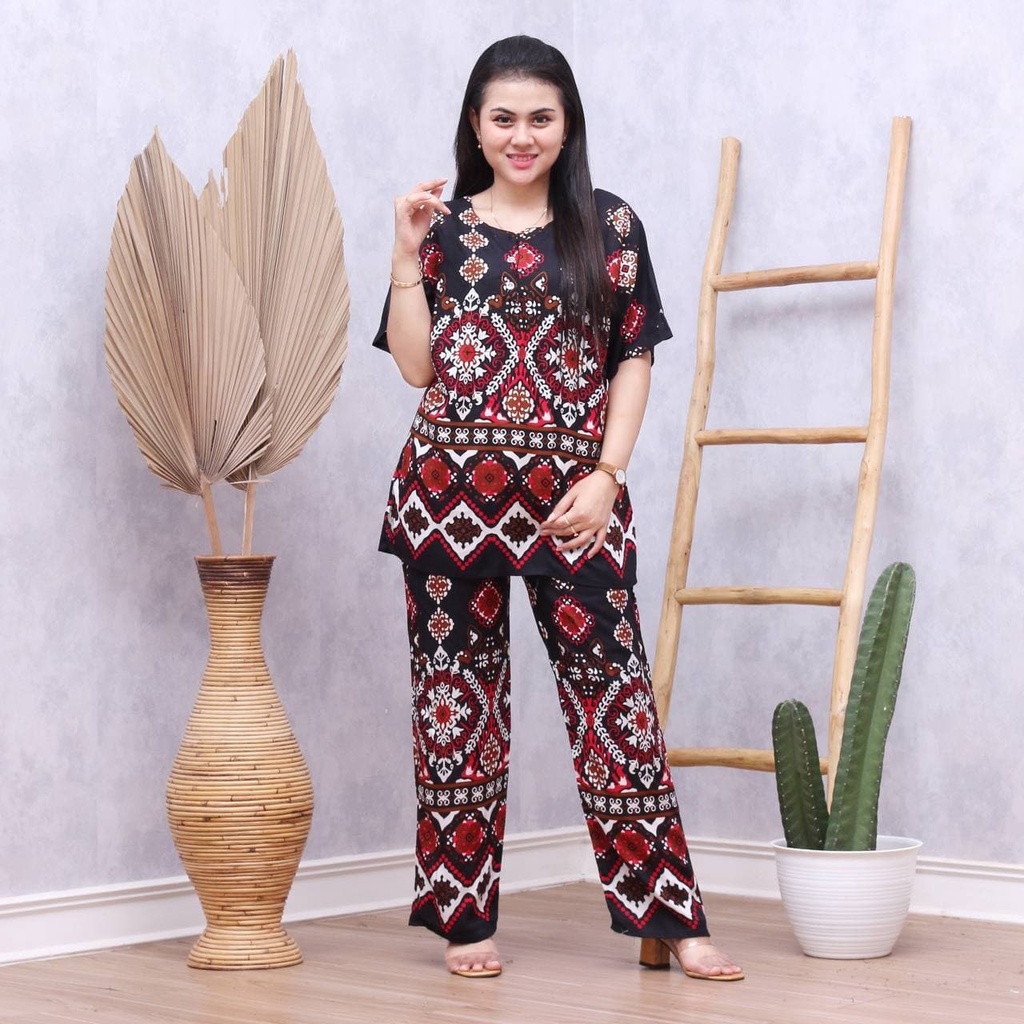 Batik Prass - Setelan Baju Tidur Busui Lengan Pendek - Piyama Batik Terbaru - Baju Santai-ASHANTI MERAH