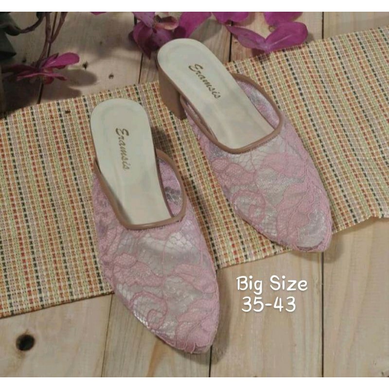 Sandal Pengantin Wanita Big Size 35-45 / Sendal Bustong Akad Nikah / Slop Penganten Brokat JUMBO hak 5cm Pink, 41