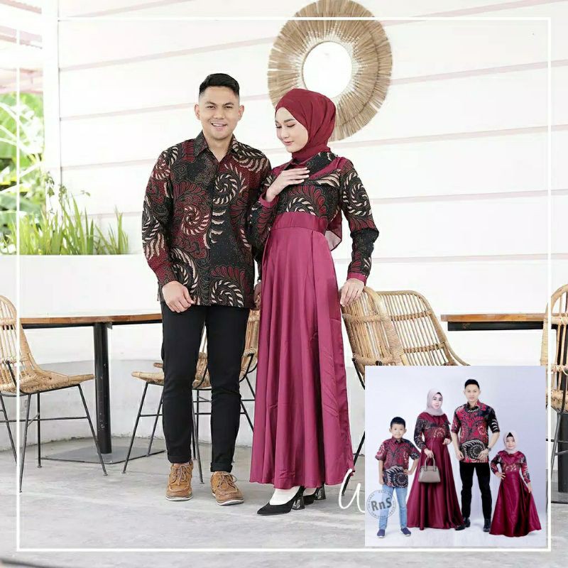 Saroja (477) Couple Batik Keluarga • Gamis Kombinasi Velvet • Motif Puser Merah