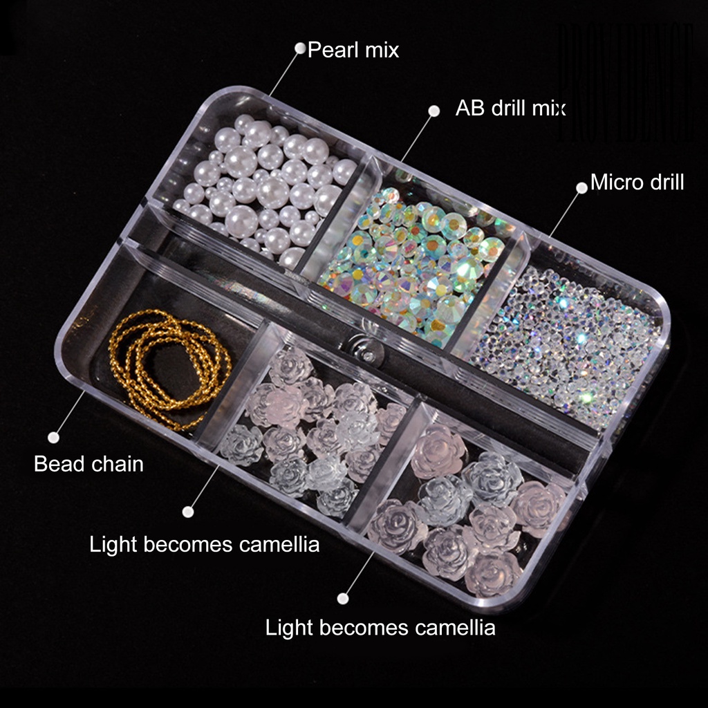 Providence 6 Sekat / Kotak Hiasan Kuku Bentuk Bunga Kamelia / Aurora / Mutiara Putih Untuk Nail Art Wanita