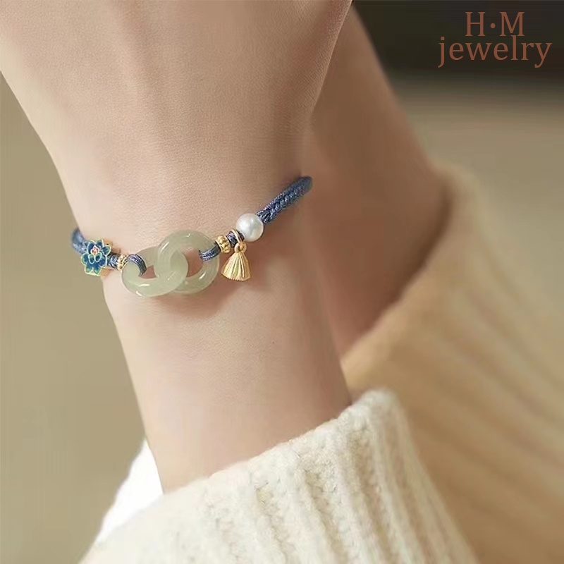 Gelang Tangan Batu Giok Hetian Aksen Mutiara Untuk Wanita