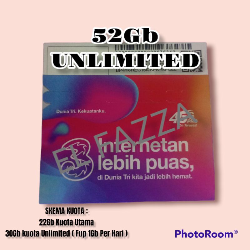 PERDANA TRI 52GB UNLIMITED KARTU PERDANA TRI 22GB UNLIMITED