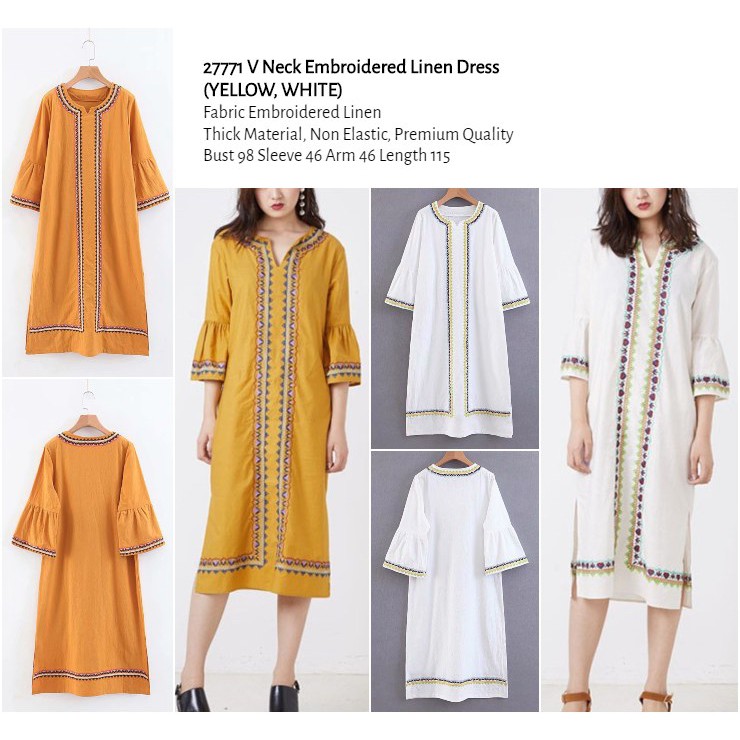 27771 V Neck Embroidered Linen Dress (1)
