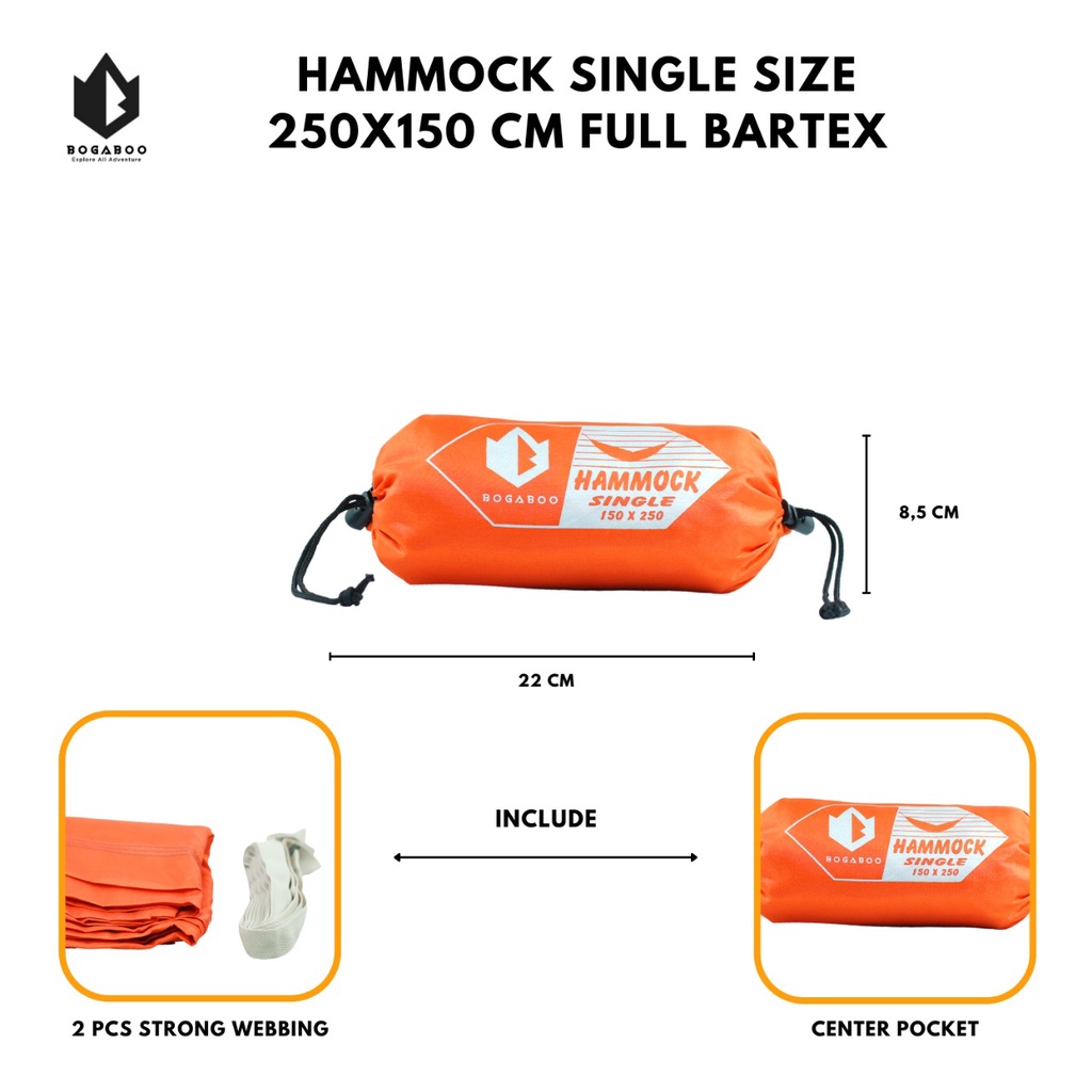 Hammock Single Bogaboo 250 x 150  - Ayunan Gantung Max 135Kg - Hammock