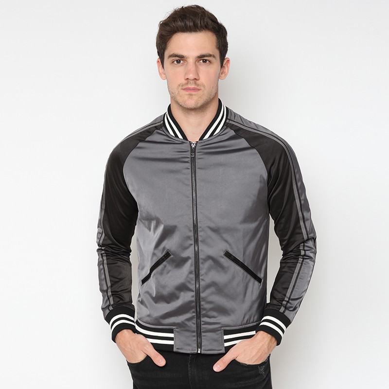 Minarno Satin Varsity Jacket - Grey