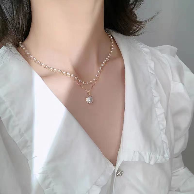 Kalung cahaya mewah minoritas retro ins sederhana double-layer kalung mutiara wanita trendi kalung n